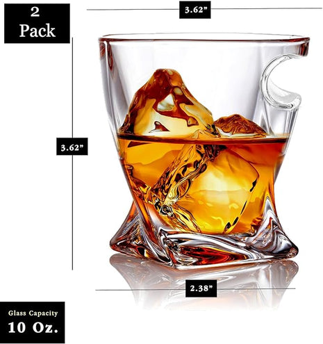 Whiskey Glasses set of 2 - Crystal Old Fashioned Rock Glass Scotch Bourbon and Spirits 10 Ounce Liqueur Tumbler with Side Rest