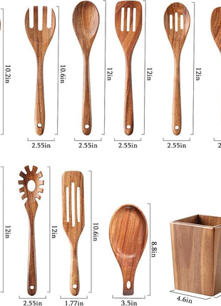 Wooden Spoons for Cooking, 11 Pcs Wood Cooking Utensils Set with Holder, Natural Acacia Wooden Kitchen Tools, Nonstick Cookware, Easy Clean, Kitchen Utensil Set for Mom, Wife Cooking Gifts