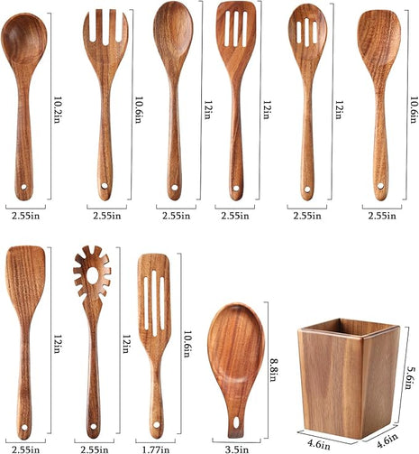 Wooden Spoons for Cooking, 11 Pcs Wood Cooking Utensils Set with Holder, Natural Acacia Wooden Kitchen Tools, Nonstick Cookware, Easy Clean, Kitchen Utensil Set for Mom, Wife Cooking Gifts
