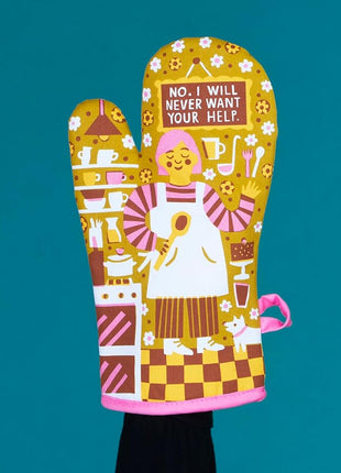 Blue Q No. I Will Never Want Your Help. Funny Oven Mitts - Cute Oven Mitts, Home Kitchen Gifts, Cooking Accessories, Super-Insulated Quilting, Natural-Fitting Shape, 100% Cotton, Size 12.5"L x 7.5"W