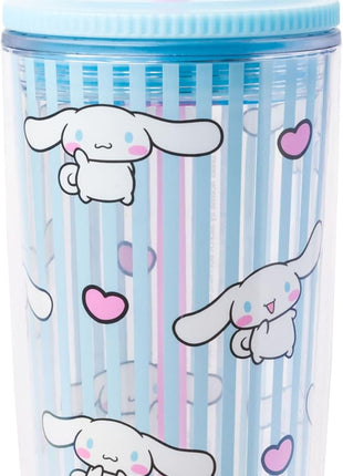 Silver Buffalo Sanrio Hello Kitty and Friends Cinnamoroll Hearts and Blue Stripes Plastic Cold Cup with Lid and Straw, 20 Ounces