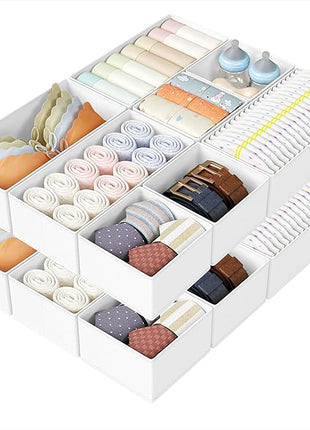 DIMJ Drawer Organizers Clothes, Set of 16 Dresser Organizer Bins, Fabric Closet Organizers and Storage, Shallow Drawer Dividers for Nursery, Clothing, Baby Clothes, Socks, Underwears, Tie (White)