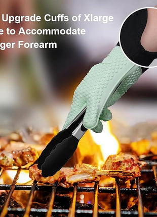 GEEKHOM BBQ Gloves Heat Resistant Oven Mitts - Silicone Grilling Gloves with 14" Long Arm Protection - Waterproof Pot Holder Non-Slip for Men & Women, Kitchen Cooking, Baking, Camping, Mint Green
