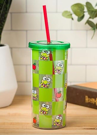 Silver Buffalo Sanrio Hello Kitty and Friends Keroppi Green Checkered Plastic Cold Cup with Lid and Straw, 20 Ounces