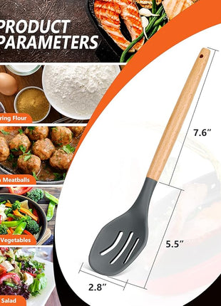Large Silicone Cooking Spoons, 2 Pack Nonstick Solid and Slotted Wooden handle Spoon Set, Heat Resistan Silicone Kitchen Spoons for Cooking, Serving, Basting, Mixing (Grey)