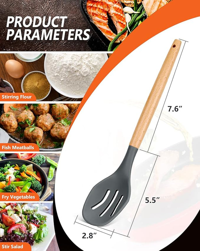 Large Silicone Cooking Spoons, 2 Pack Nonstick Solid and Slotted Wooden handle Spoon Set, Heat Resistan Silicone Kitchen Spoons for Cooking, Serving, Basting, Mixing (Grey)