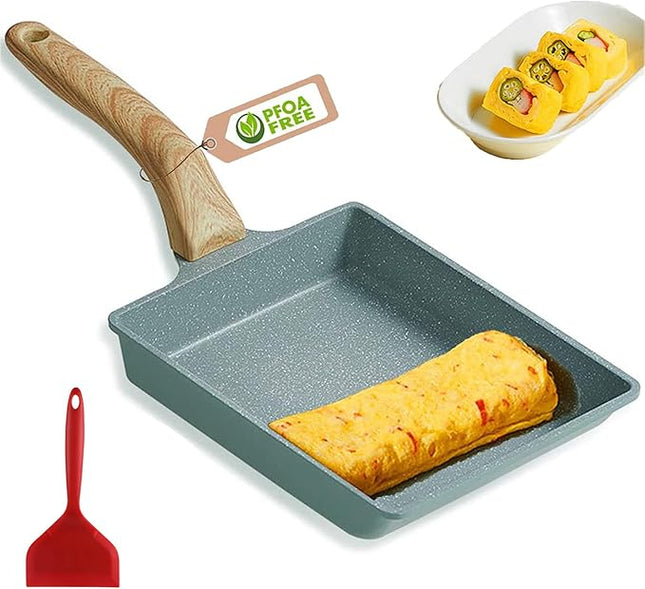 Japanese Omelette Pan Nonstick Tamagoyaki Egg Pan,Retangle Small Frying Pan,with Silicone Spatula & Brush,Non-Stick Coating (PFOA Free) - 20 x 15cm