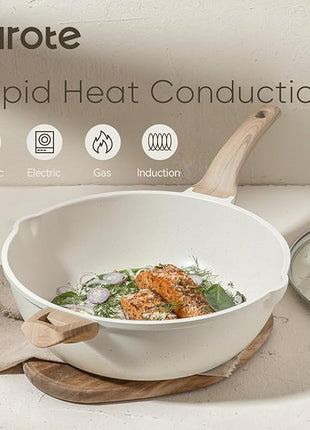 CAROTE 12.5Inch Nonstick Deep Frying Pan with Lid, 6.5 Qt Jumbo Cooker Saute Pan with Pour Spout, Skillet Induction Cookware, Non Stick Cooking Pan Kitchen Pan PFOA Free, White Granite