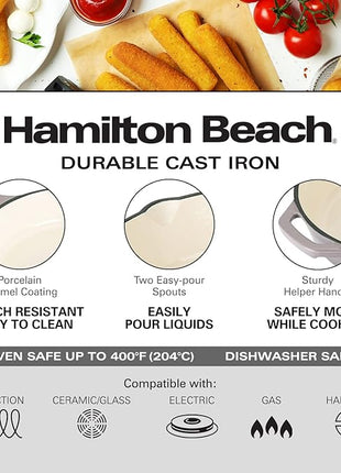 Hamilton Beach Enameled Cast Iron Fry Pan 12-Inch Gray, Cream Enamel coating, Skillet Pan For Stove top and Oven, Even Heat Distribution, Safe Up to 400 Degrees, Durable