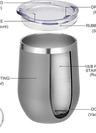 VEGOND Wine Tumblers Bulk 12 Pack, 12oz Stainless Steel Stemless Wine Glass with Lids and Straws, Double Wall Vacuum Insulated Tumbler Cup, Coffee Mug for Cold Hot Drinks