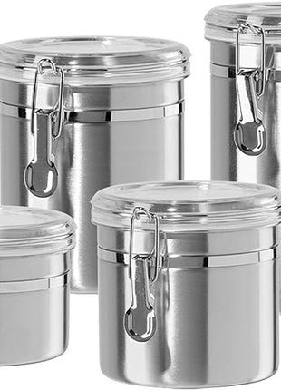 Oggi Set of 4 Stainless Steel Kitchen Canisters - Airtight Clamp Lid, Clear See-Thru Top - Ideal for Kitchen Storage, Food Storage, Pantry Storage - Includes 1 each: 26oz, 36oz, 47oz, 62oz.