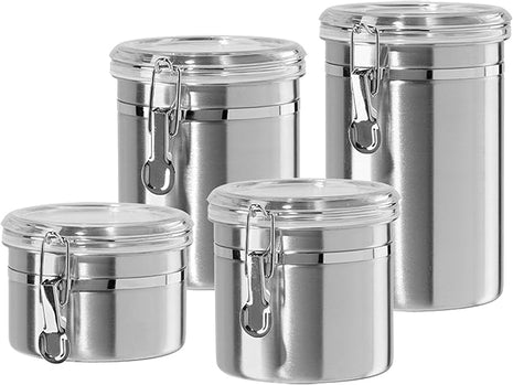 Oggi Set of 4 Stainless Steel Kitchen Canisters - Airtight Clamp Lid, Clear See-Thru Top - Ideal for Kitchen Storage, Food Storage, Pantry Storage - Includes 1 each: 26oz, 36oz, 47oz, 62oz.