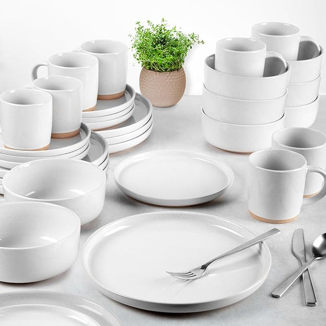 Zulay Kitchen Terra Stoneware 32-Piece Dinnerware Set, Artisanal Ceramic Plates and Bowls Set Crafted at 2300℉ - Service for 8, Speckled White