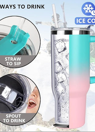 SYACOT 40 oz Tumbler with Handle and Straw Stainless Steel Insulated Tumbler Leak Proof Lid and Straw Lid Reusable Travel Mug Coffee Mug Cup Dishwasher Safe Keep Drinks Cold and Hot (Bubble Gum)