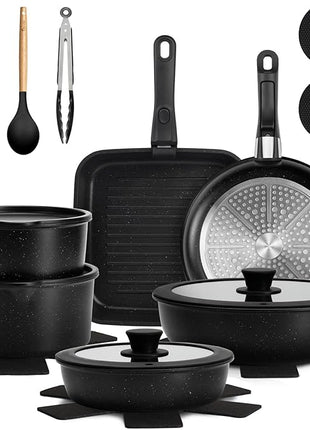 KIKCOIN 22 Pcs Pots and Pans Set Non Stick, Detachable Handle Cookware Sets Nonstick, RV Kitchen Cooking Set with Removable Handles, Frying Pans - Induction/Dishwasher/Oven Safe (Black)
