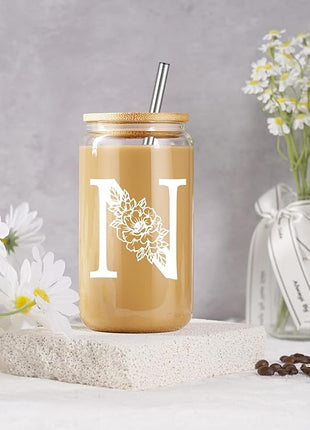 Coolife Initial Glass Cup, Monogrammed Gifts for Women, 16 oz Glass Cups w/Lids Straws, Iced Coffee Smoothie Beer Tumbler w/Straw Lid - Personalized Christmas, Birthday Gifts for Her Mom Friend Woman