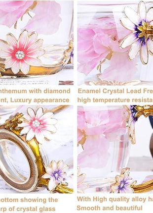 Handicraft Crystal Glass 3D Flower Cups Tea Mug With Tea Spoon Women Coffee, Tea, Juice, Beer, Milk Hot And Cold Drinks Use Gift Package. (Chrysanthemum, 12 OZ)