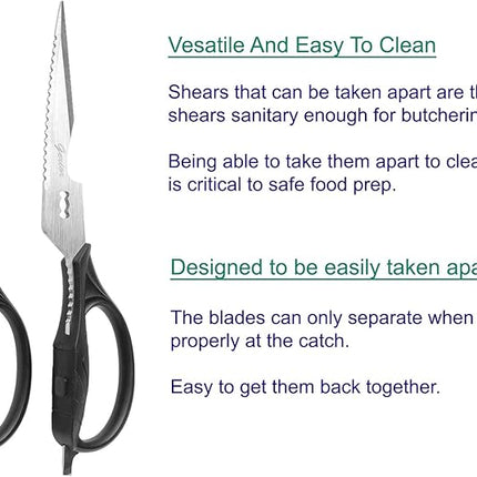 Kitchen Scissors - Heavy Duty Shears for Cutting Chicken, Poultry, Food, Meat - Black Handle