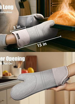 Rorecay 6pcs Oven Mitts and Pot Holders Sets for Kitchen, Extra Long Silicone Oven Gloves High Heat Resistant 500 Degrees Non-Slip Potholders Hot Pads for Baking Cooking, Grey