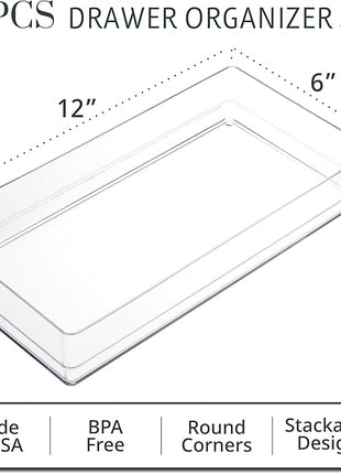 STORi SimpleSort 3-Piece Stackable Clear Drawer Organizer Set | 12" x 6" x 2" Rectangle Trays | Wide Makeup Vanity Storage Bins and Office Desk Drawer Dividers | Made in USA