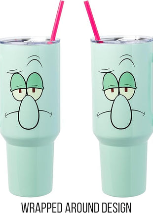 Silver Buffalo SpongeBob SquarePants Stainless Steel Tumbler with Handle Featuring Squidward, Fits in Standard Cup Holder, 40 Ounces