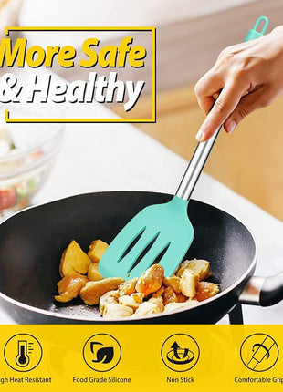 Pack of 4 Silicone Cooking Utensils Set, Non Stick Large Solid Spatulas, Heat Resistant Blue Slotted Spoons, Ideal BPA Free Kitchen Turners for Frying, Mixing,Serving,Draining,Turning,Stirring