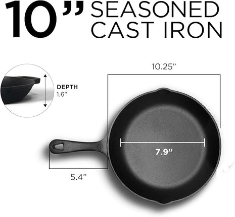 Commercial CHEF 10 Inch Cast Iron Skillet, Pre-Seasoned Cast Iron Pan with Dual Pour Spouts