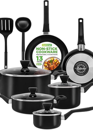 NutriChef 13-Piece Nonstick Cookware - Heat Resistant Kitchen Ware Set w/Saucepan, Frying Pans, Cooking Pots, Casserole, Lids, Ladle, Fork, Strainer - NCCWA13, Black