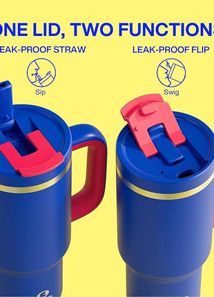 32 oz Tumbler with Handle and Straw: Stainless Steel Insulated Tumbler Keeps Cold for 24 Hours, Leakproof Travel Cup Fits in Cup Holder and BPA-Free,Beaucoup Blue