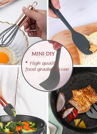 Rose Gold And Grey Mini Kitchen Utensil Small Five-Piece Set Tiny Silicone Kids Kitchen Tools Whisk Spatula Tongs Spoon And Slotted Spatula For Cooking(Kids Baking Supplies) Grey
