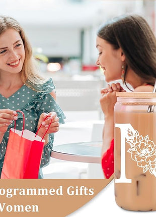 Coolife Initial Glass Cup, Monogrammed Gifts for Women, 16 oz Glass Cups w/Lids Straws, Iced Coffee Smoothie Beer Tumbler w/Straw Lid - Personalized Christmas, Birthday Gifts for Her Mom Friend Woman