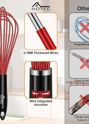 HOTEC 4 Pieces Silicone Whisks Set, Wire Balloon Whisks Egg Beater, Non-slip Handle Whisk for Non-stick Cookware Perfect for Cooking, Stirring, Beating and Blending (Red)