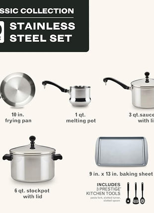 Farberware Classic Series Stainless Steel Pots and Pans with Baking Sheet Pan, Cooking Tools, and Lids, Induction Ready, Dishwasher Safe, 10 Piece Cookware Set, Metal Utensil Safe - Stainless Steel