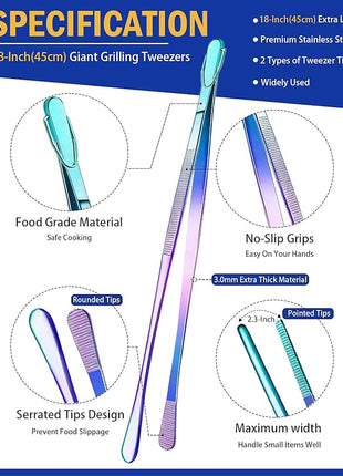 JETKONG 2 Pcs 18 Inch (45cm) Stainless Steel Grill Tongs Heavy Duty Giant Tweezer Tongs, Extra Large Tweezers Tools for Cooking, Grilling, BBQ and Turning Food (Rainbow)