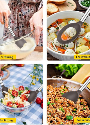 Pack of 2 Large Silicone Cooking Spoons,Non Stick Solid Basting Spoon,Heat-Resistant Kitchen Utensils for Mixing,Serving,Draining,Stirring (CHOCOLATE)