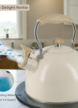 Lily's Home Whistling Tea Kettle, Teapot for Stovetop, Pleasant Whistle Sound, Heat Resistant Plastic Handle - Faux Wood Finish, Non Toxic Stove Kettle for Boiling Water - 2.5 Quarts (Cream)