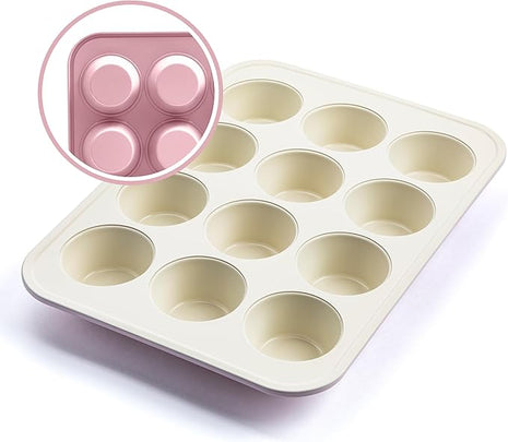 GreenLife 12-Cup Muffin Pan, PFAS-Free Healthy Nonstick Baking Tray, 11.4" x 1.9" x 15.9", Durable Ceramic Bakeware, Cupcakes, Egg Bites, Tarts, Brownies, Pink