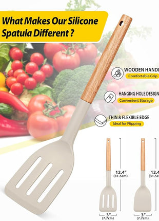 Pack of 2 Silicone Cooking Spatula, Heat Resistant Solid Turner, Non Stick Slotted Spatulas with Wooden Short Handle,Ideal Wood Kitchen Utensils Set for Frying, Baking, Flipping, Turning