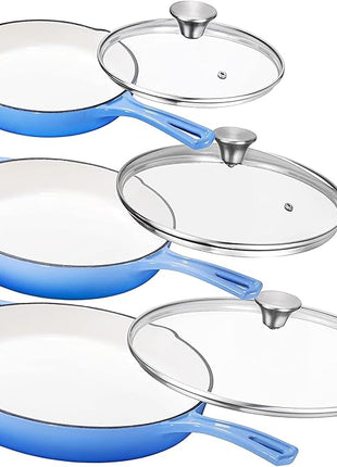 Bruntmor Pre-Seasoned Cast Iron Frying Pan Set - 8, 10, 12 Inch Blue Enamel Nonstick Skillets with Tempered Glass Lid - Oven Safe Egg and Grill Pan Set for Cooking, Searing, and Frying