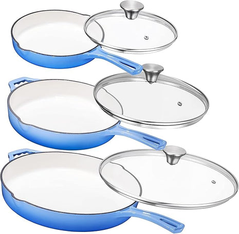 Bruntmor Pre-Seasoned Cast Iron Frying Pan Set - 8, 10, 12 Inch Blue Enamel Nonstick Skillets with Tempered Glass Lid - Oven Safe Egg and Grill Pan Set for Cooking, Searing, and Frying
