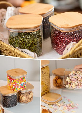 YUNCANG Glass Storage Jars 27oz [Set of 6],Clear Glass Food Storage Containers with Airtight Bamboo Lid Stackable Kitchen Canisters for Candy,Cookie,Rice,Sugar,Flour,Pasta(Square)