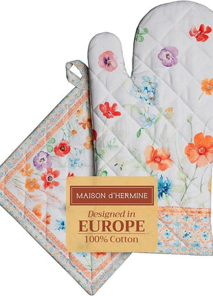 Maison d' Hermine 100% Cotton Oven Mitt & Pot Holder Set (7.5"x13" & 8"x8") Heat Resistant BBQ Cooking Gloves with Loop, Baking, Grilling, Kitchen, Handling Hot Pans Spring/Summer (Summer Whisper)