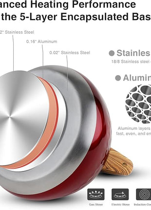 Tea Kettle, Toptier Teapot Whistling Kettle with Wood Pattern Handle Loud Whistle, Food Grade Stainless Steel Tea Pot for Stovetops Induction Diamond Design Water Kettle, 2.7-Quart Red