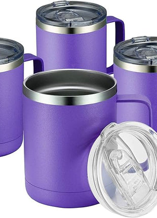 MEWAY 12oz Coffee Mug With Handle 4 Pack Bulk,Stainless Steel Insulated Travel Tumblers With Sliding Lid,Double Wall Vacuum Camping Cup for Hot & Cold Drinks Tea (Purple,Set of 4)