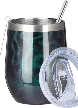 MEZMUT 12 Oz Insulated Wine Tumbler with Lid Double Wall Vacuum Stainless Steel Wine Glass Coffee Mug Insulated Tumbler Cup for Champaign, Cocktail, Beer (Deep Green, 1 Pack)