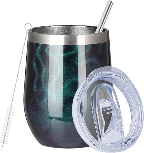 MEZMUT 12 Oz Insulated Wine Tumbler with Lid Double Wall Vacuum Stainless Steel Wine Glass Coffee Mug Insulated Tumbler Cup for Champaign, Cocktail, Beer (Deep Green, 1 Pack)