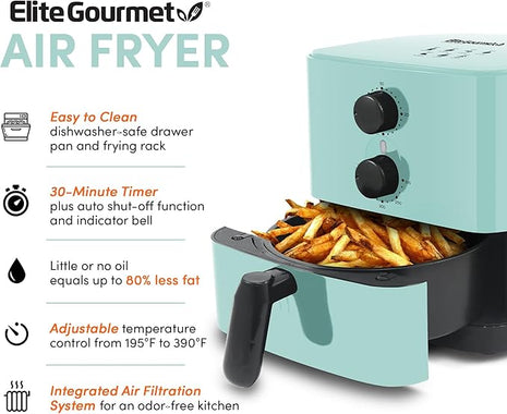 Elite Gourmet EAF-3218BL Personal 1.1Qt Compact Space Saving Electric Hot Air Fryer Oil-Less Healthy Cooker, Timer & Temperature Controls, PFOA Free, Mint