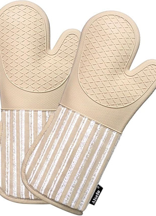 Silicone Oven Mitts Heat Resistant 932℉ with Waterproof & Non-Slip Kitchen Mittens, Set of 2 Extra Long Oven Gloves with Soft Cotton Terry Lining for Baking Cooking Barbecue (Khaki, 2)