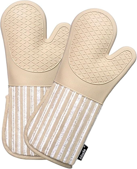Silicone Oven Mitts Heat Resistant 932℉ with Waterproof & Non-Slip Kitchen Mittens, Set of 2 Extra Long Oven Gloves with Soft Cotton Terry Lining for Baking Cooking Barbecue (Khaki, 2)