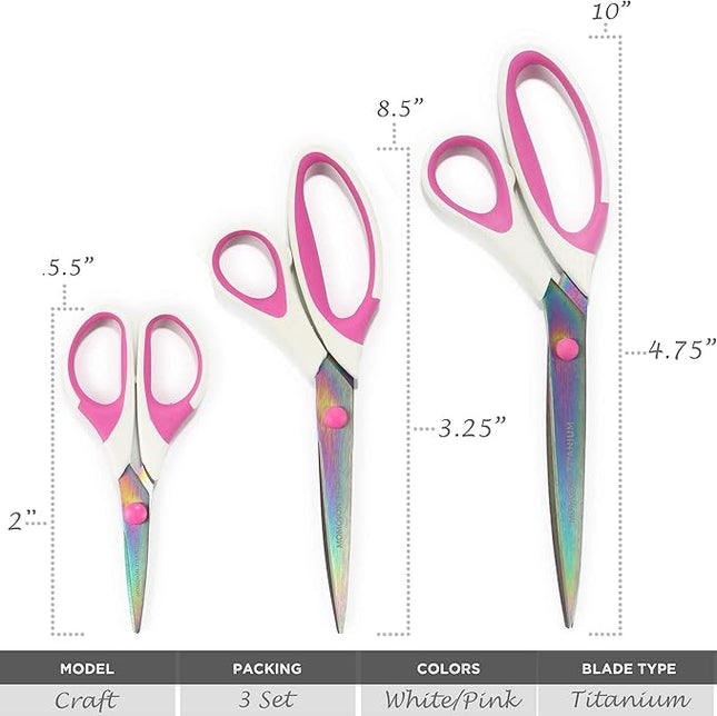 BambooMN Titanium Softgrip Scissors Set for Sewing, Arts, Crafts, Office - 10 sets of 3 - White w/Pink Inlays